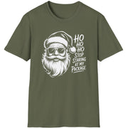 Funny Christmas Drinking  Short Sleeve Shirt with Santa drinking a cocktail and the text " Ho Ho Ho Stop Staring at my Package" - Military Green