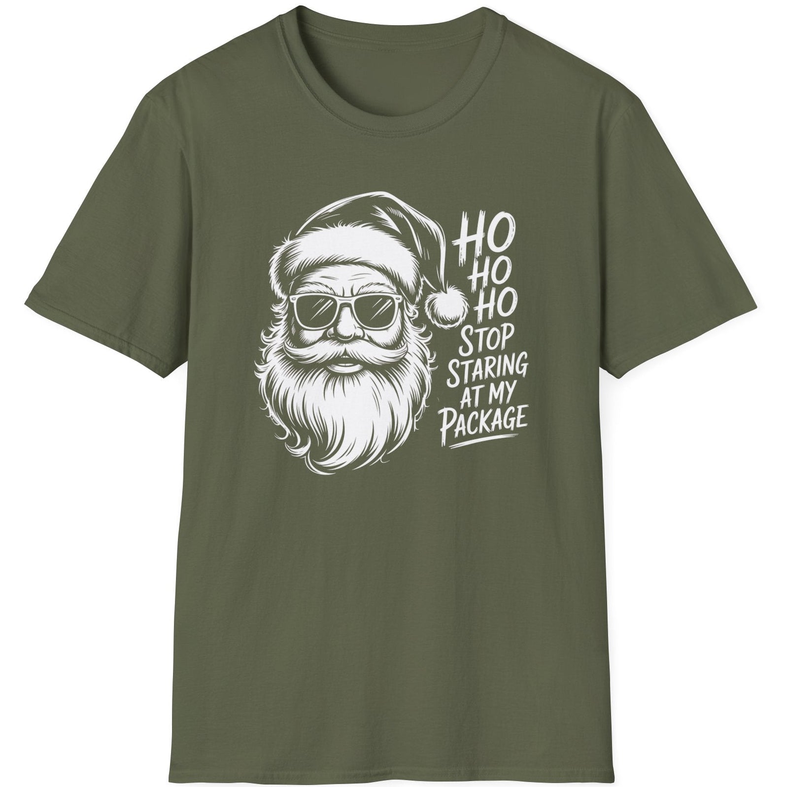 Funny Christmas Drinking  Short Sleeve Shirt with Santa drinking a cocktail and the text " Ho Ho Ho Stop Staring at my Package" - Military Green
