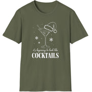 Funny Christmas Drinking  Short Sleeve Shirt with  a cocktail glass with a santa hat on top and the text "It's Beginning to Feel Like Cocktails" - Military Green