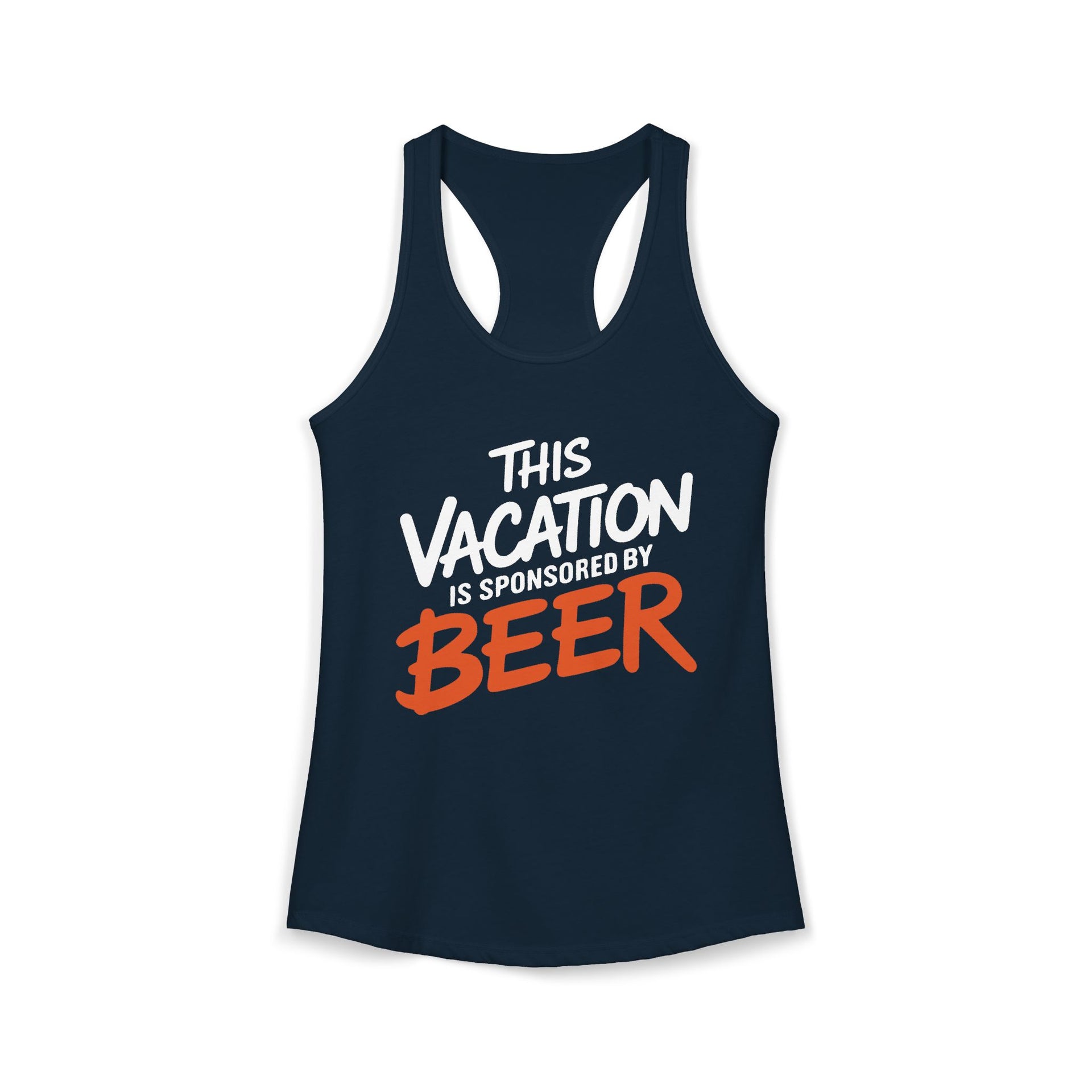 a navy racerback tank top with 'This Vacation is Sponsored by Beer' text funny spring break, beach trip, bachelorette party, girls trip, or lake season design