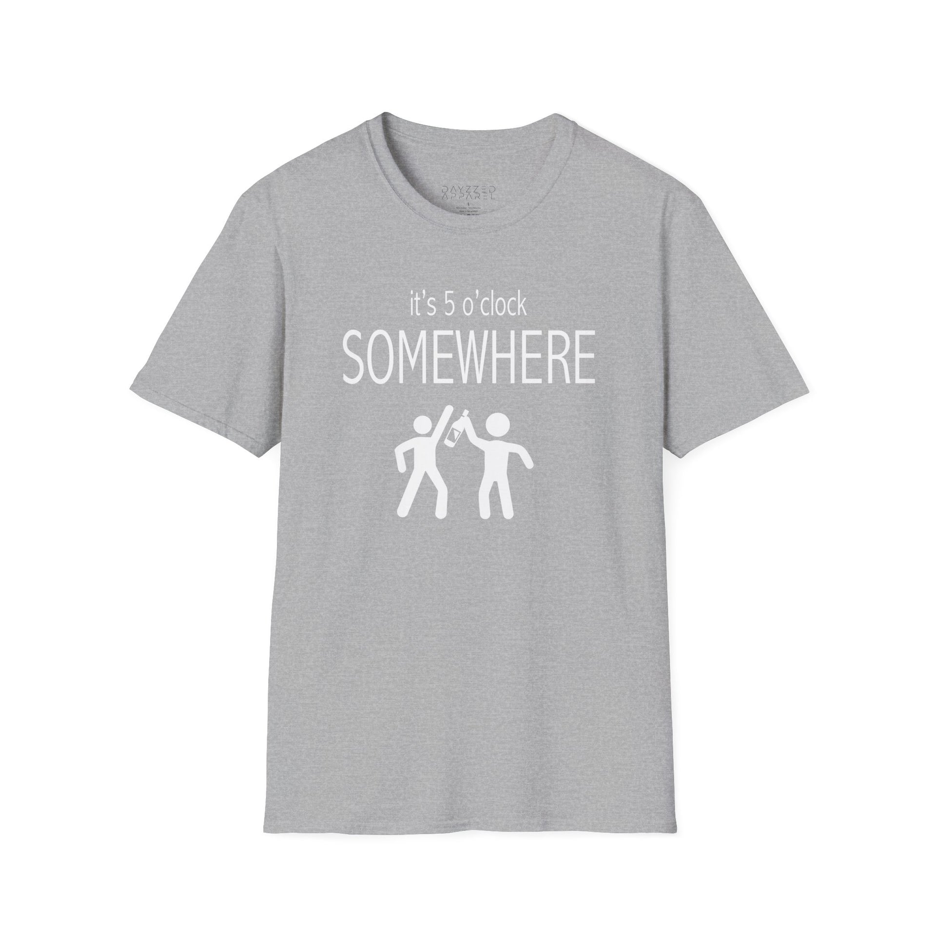 a gray t-shirt with 'it's 5 o'clock SOMEWHERE' text funny day drinking, spring break, summer acation, guys trip or girls trip design
