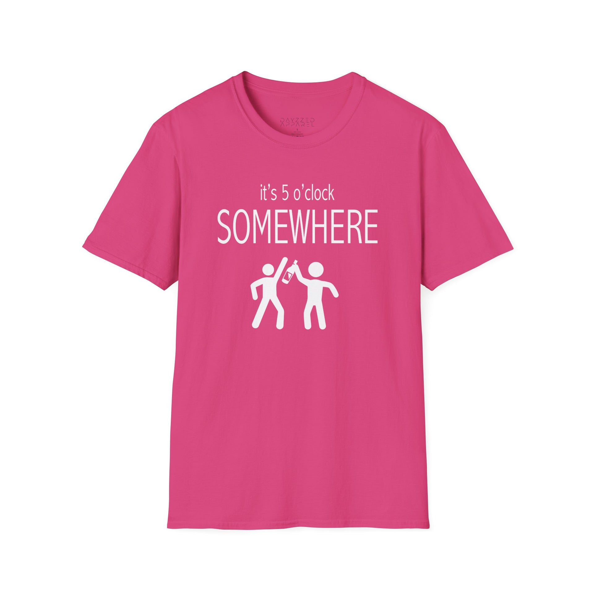 a coral t-shirt with 'it's 5 o'clock SOMEWHERE' text funny day drinking, spring break, summer acation, guys trip or girls trip design
