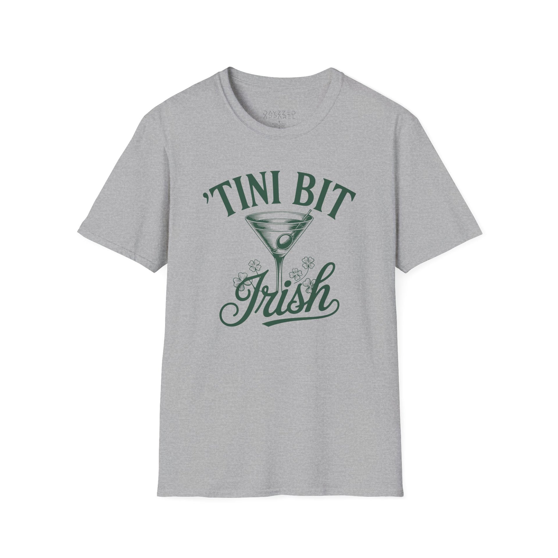 gray t-shirt with 'Tini Bit Irish' graphic design funny st patricks day design