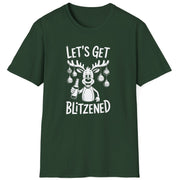 Funny Christmas Drinking Short Sleeve Shirt with a reindeer holding a beer with ornaments draped from his antlers and the text "Let's Get Blitzened" - Forest Green