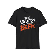 a black soft-style cotton t-shirt with 'This Vacation is Sponsored by Beer' text funny spring break, beach trip, girls trip, summer vacation design