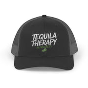 a black and charcoal curved bill trucker hat with the phrase 'Tequila Therapy in Progress'  funny Spring Break, Girls Trip, Guys Trip, Beach Trip, SummerVacation bachelor or Bachelorette hat