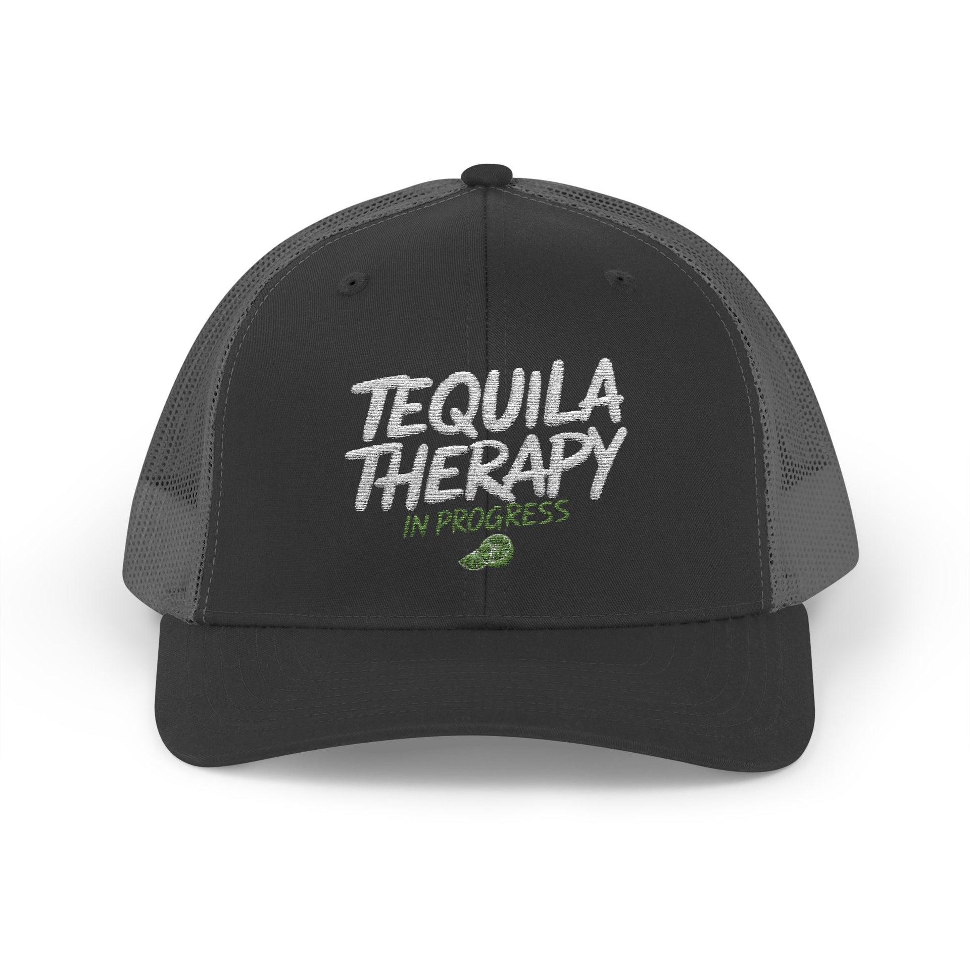a black and charcoal curved bill trucker hat with the phrase 'Tequila Therapy in Progress'  funny Spring Break, Girls Trip, Guys Trip, Beach Trip, SummerVacation bachelor or Bachelorette hat