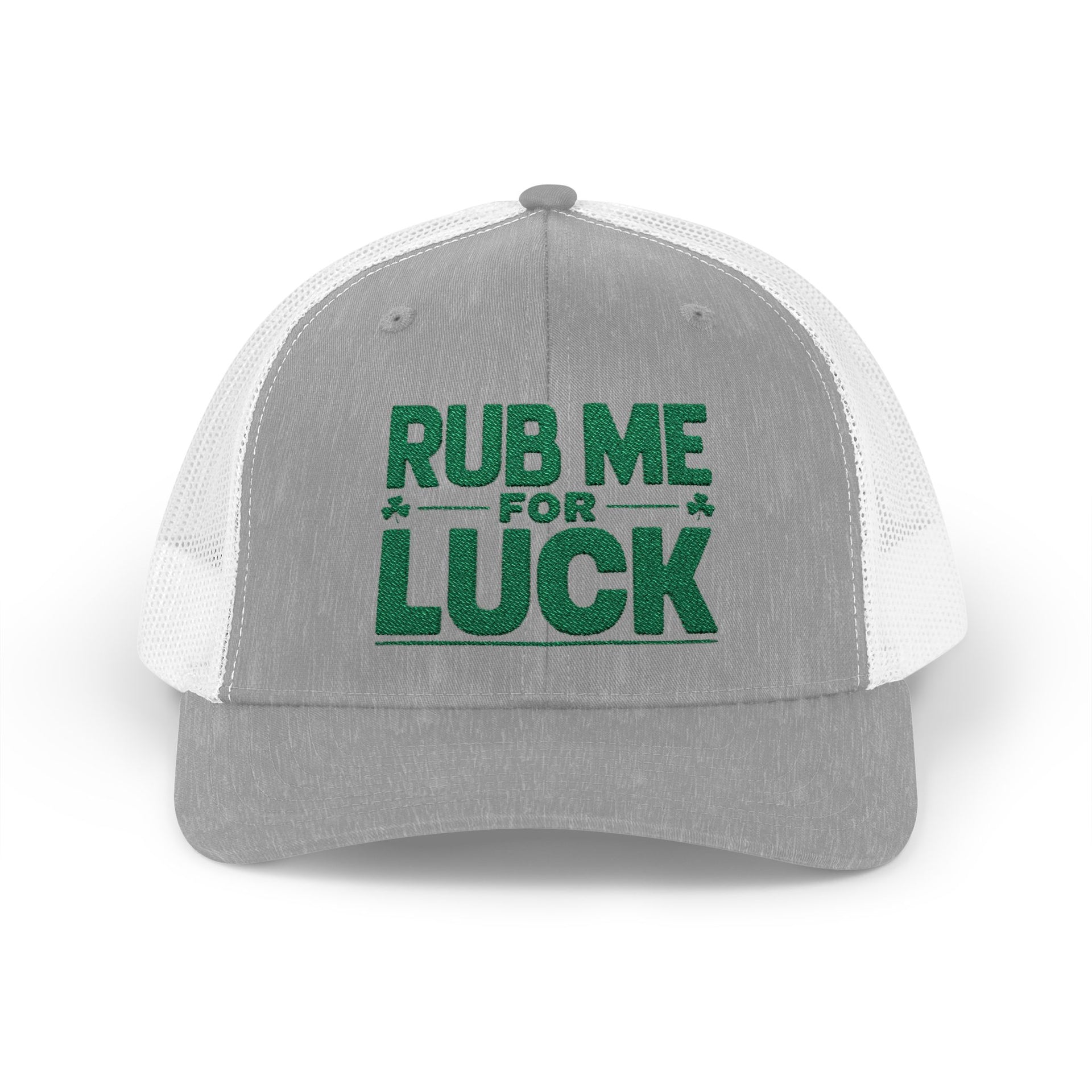 a gray and white curved bill trucker hat with 'Rub Me for Luck' text funny st patricks day pub crawl design
