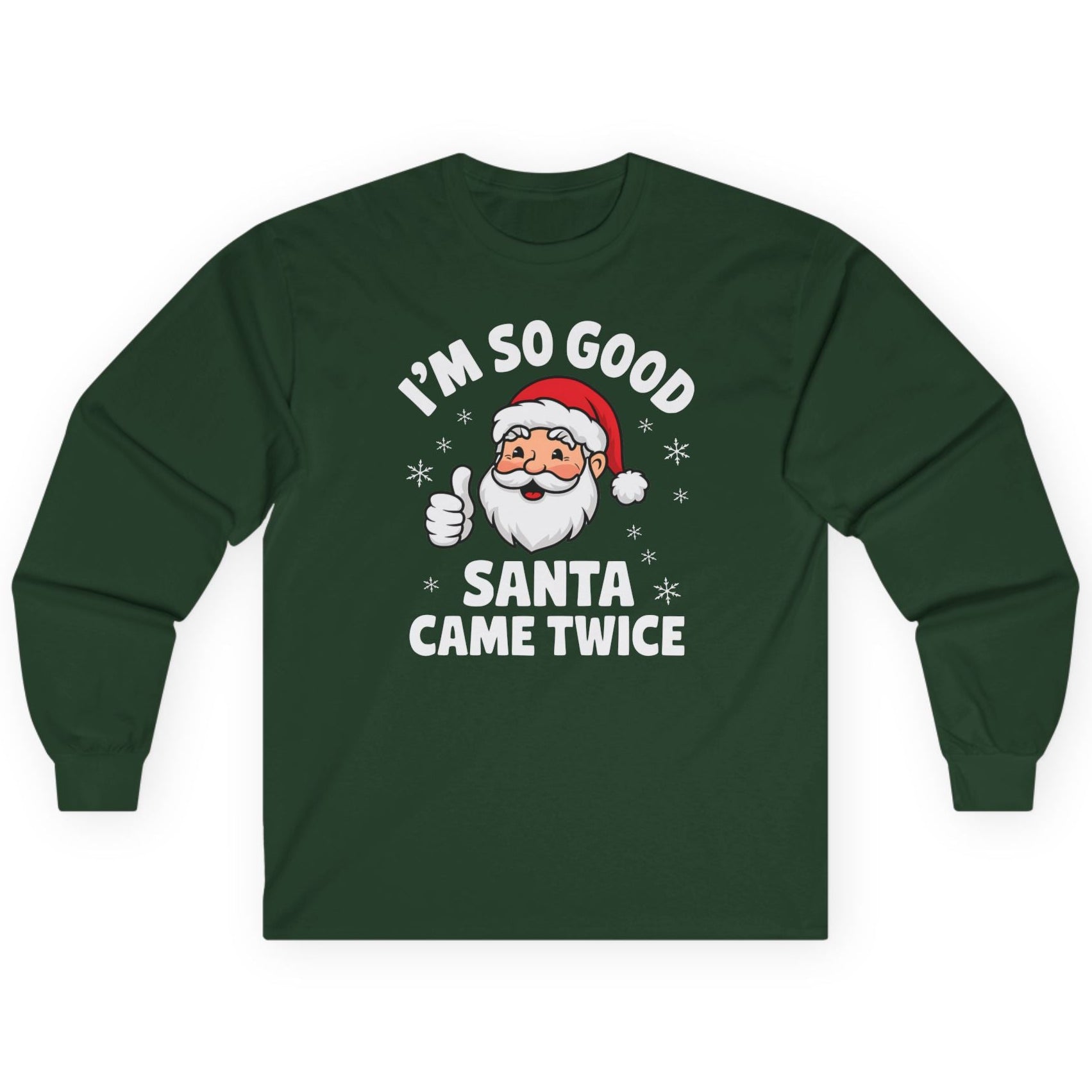 Green long-sleeve shirt with Santa Claus graphic and text on a white background