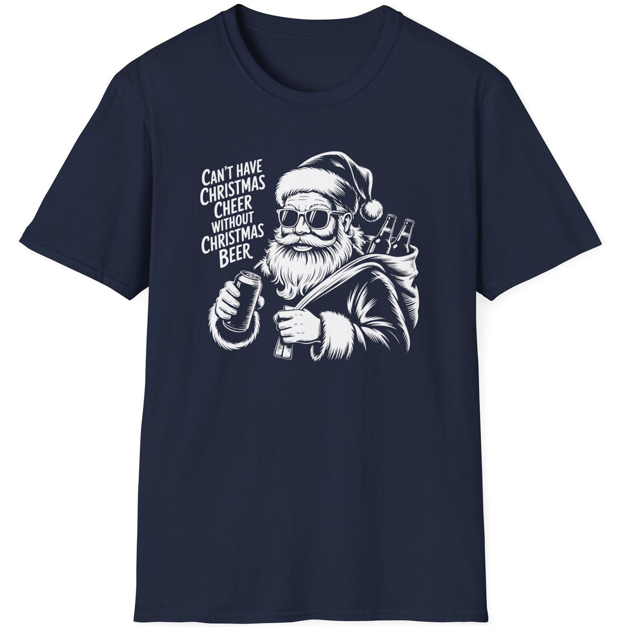 Navy blue t-shirt with a graphic of Santa Claus holding a beer and the text cant have christmas cheer without christmas beer