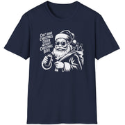Navy blue t-shirt with a graphic of Santa Claus holding a beer and the text cant have christmas cheer without christmas beer