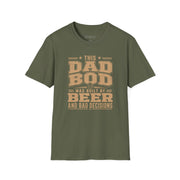 a green t-shirt with the phrase "THis Dad Bod was Built on Beer and Bad decisions" funny father's day design