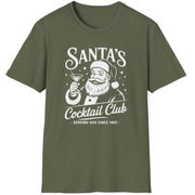 Funny Christmas Drinking  Short Sleeve Shirt with Santa drinking a cocktail and the text " Santa's Cocktail Club Serving Hos since 1492" - Military Green