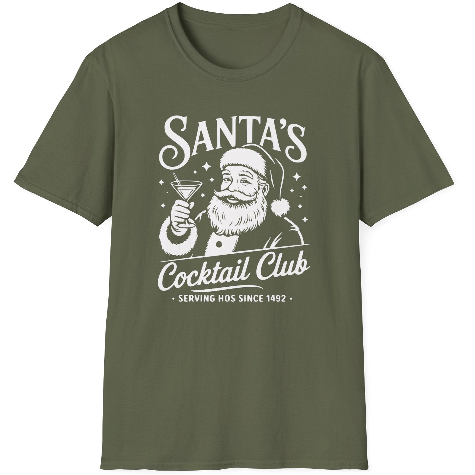 Funny Christmas Drinking  Short Sleeve Shirt with Santa drinking a cocktail and the text " Santa's Cocktail Club Serving Hos since 1492" - Military Green