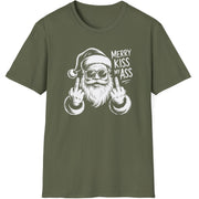 Funny Christmas Short Sleeve Shirt with Santa flipping his middle fingers and the text " Merry Kiss My Ass" - Military Green