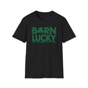 black t-shirt with 'Born Lucky' text and clover funny st patricks day design