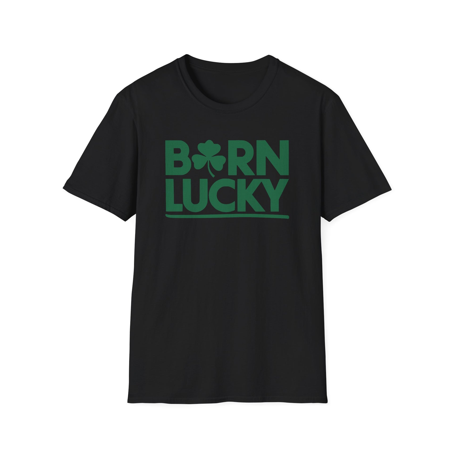 black t-shirt with 'Born Lucky' text and clover funny st patricks day design