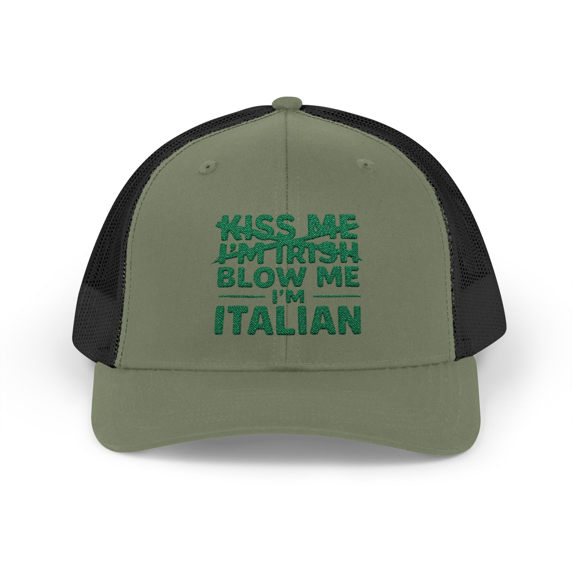 a green and black curved bill trucker hat with the text 'Kiss me I'm Irish, blow me Italian' funny st patricls day pub crawl design