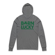 gray lightweight hoodie with 'Born Lucky' text funny St Patricks Design