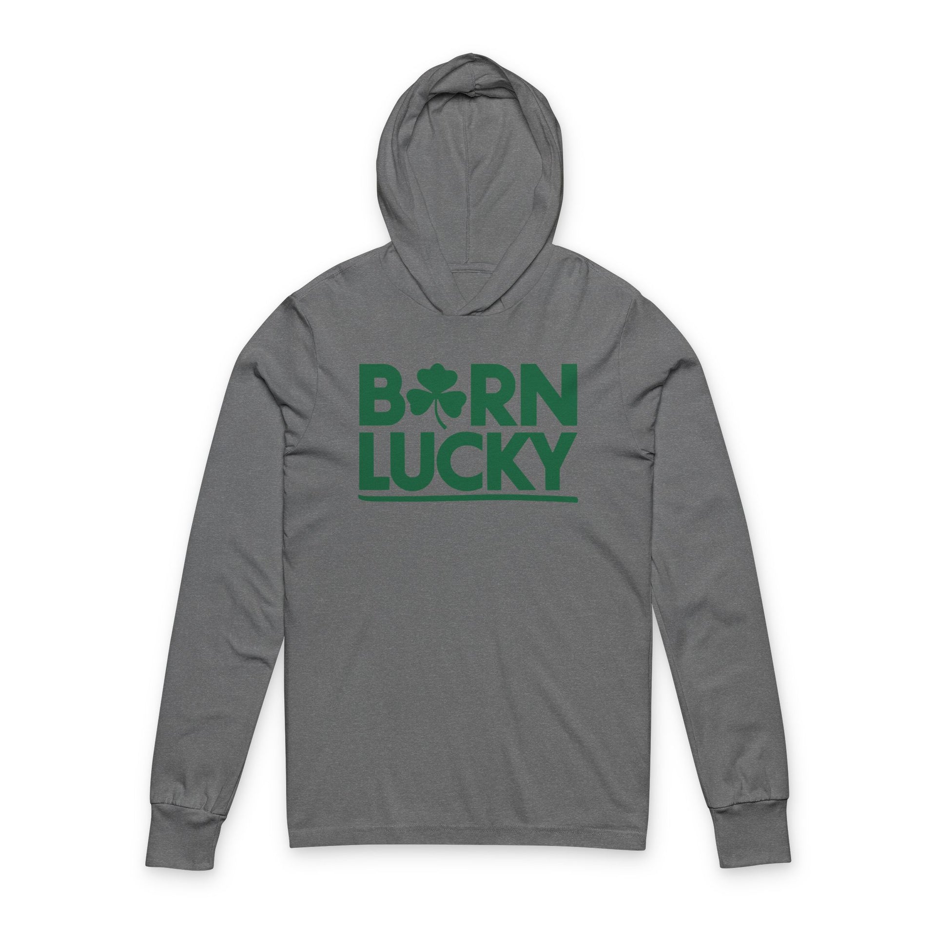 gray lightweight hoodie with 'Born Lucky' text funny St Patricks Design