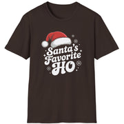 Brown graphic t-shirt with the phrase Santa's Favorite HO funny christmas sweater