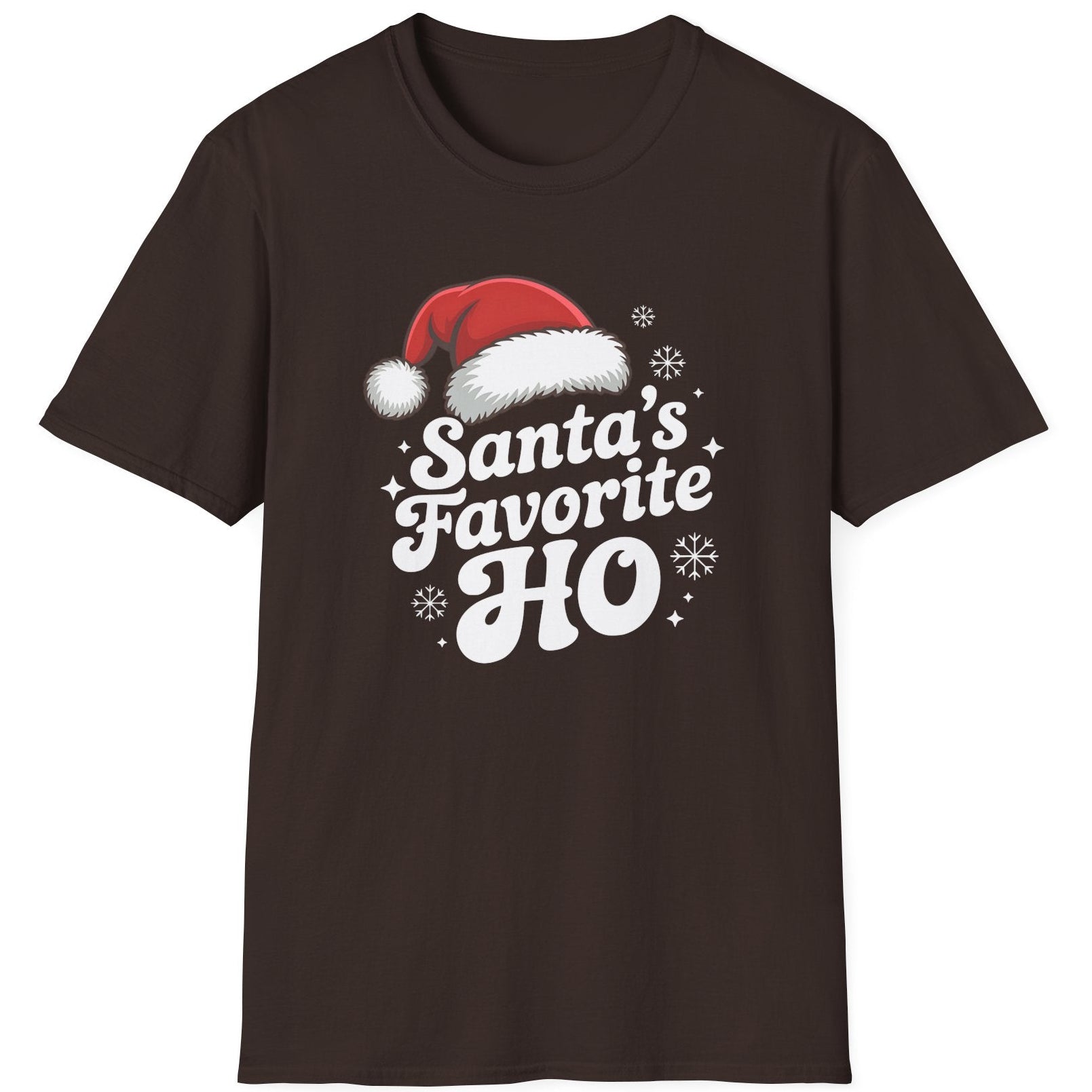 Brown graphic t-shirt with the phrase Santa's Favorite HO funny christmas sweater