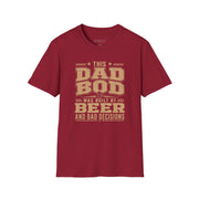  a red t-shirt with the phrase "THis Dad Bod was Built on Beer and Bad decisions" funny father's day design