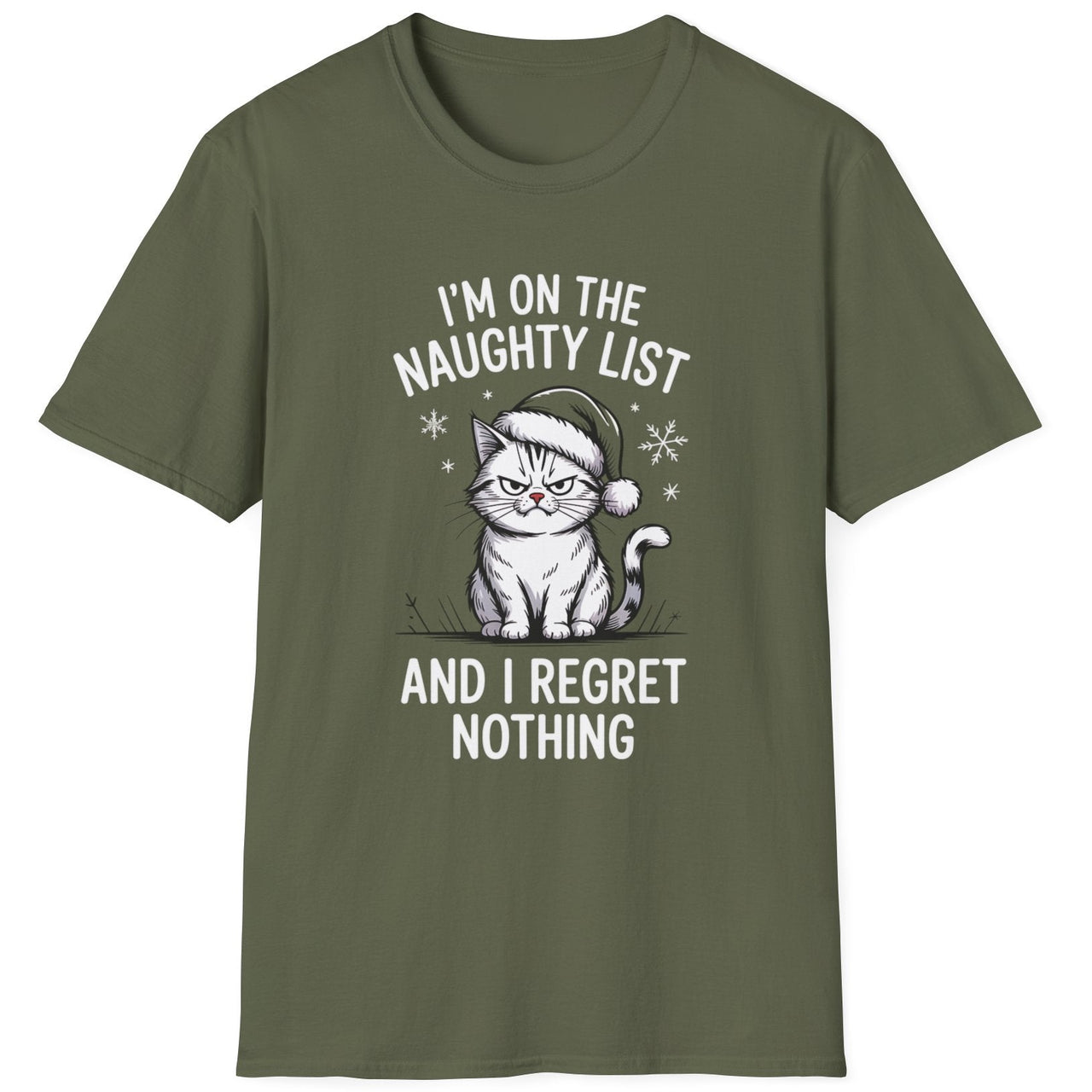 Greent-shirt with a grumpy cat graphic and the phrase im on the naughty list and i regret nothing funny christmas sweater