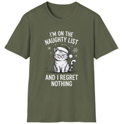 Greent-shirt with a grumpy cat graphic and the phrase im on the naughty list and i regret nothing funny christmas sweater