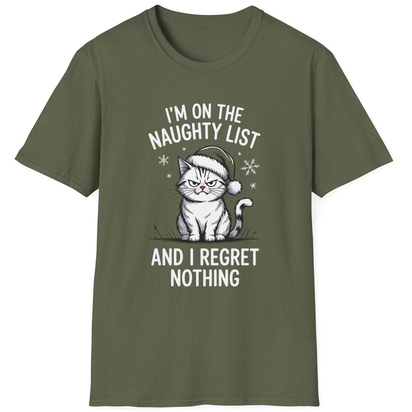 Greent-shirt with a grumpy cat graphic and the phrase im on the naughty list and i regret nothing funny christmas sweater