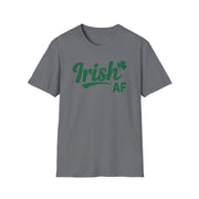 gray t-shirt with the phrase 'Irish AF' i funny st patricks day design