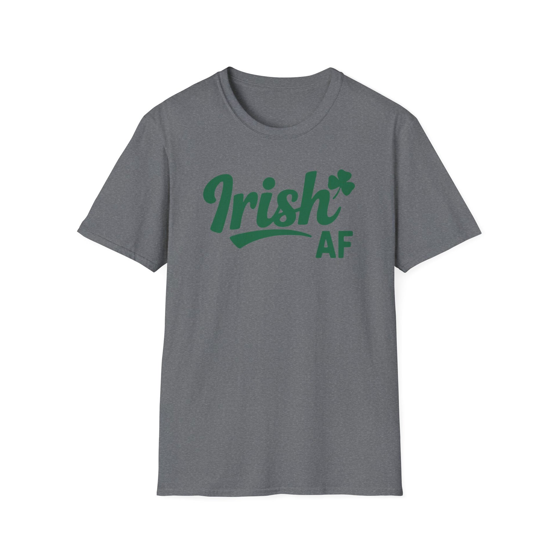 gray t-shirt with the phrase 'Irish AF' i funny st patricks day design