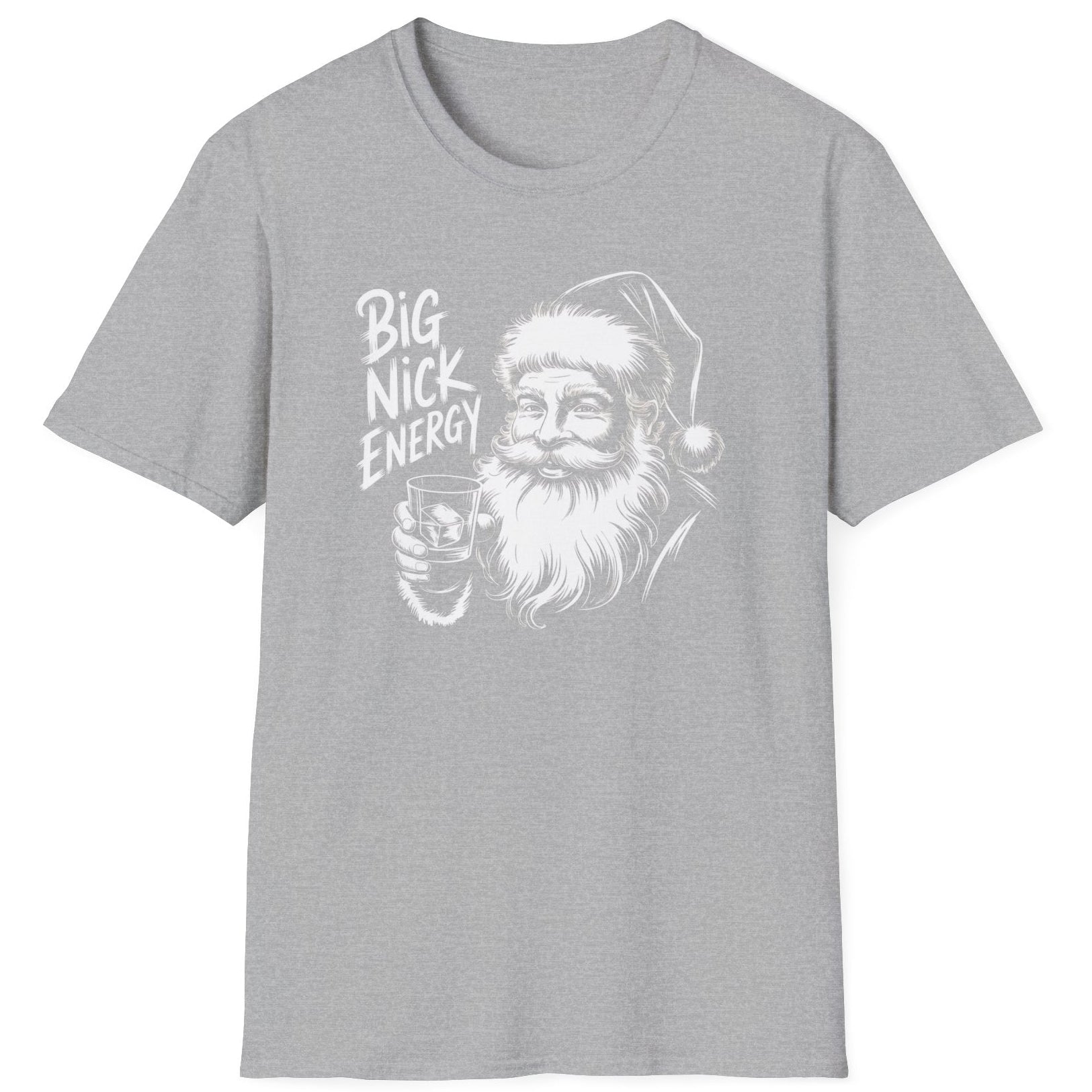 Funny Christmas Drinking  Short Sleeve Shirt with Santa drinking from a whiskey glass and the text "Big Nick Energy" - Sport Grey