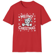Cute Christmas Cat Short Sleeve Shirt with a kitten playing with ornaments and the text "Meowy Christmas" - Red
