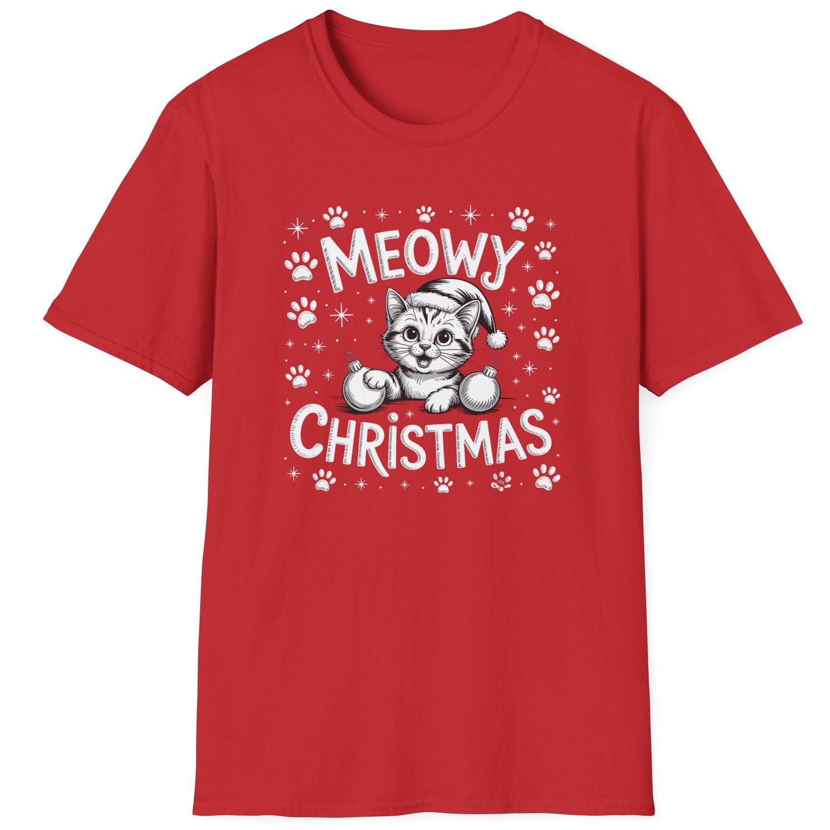 Cute Christmas Cat Short Sleeve Shirt with a kitten playing with ornaments and the text "Meowy Christmas" - Red