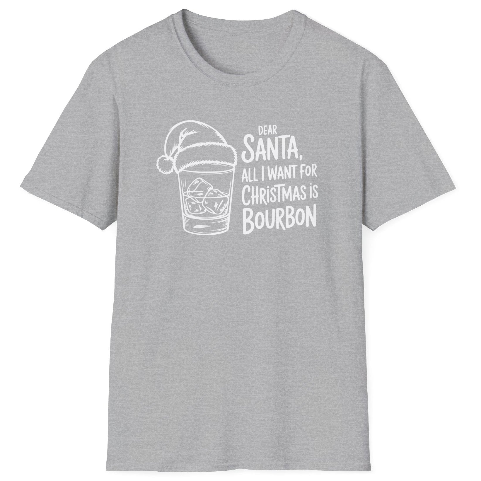 Funny Christmas Drinking Humor Short Sleeve Shirt with a bourbon glass with a santa hat and the text "Dear Santa All I want for Christmas is Bourbon" - Sport Grey