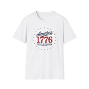 White t-shirt with 'America 1776 fueled by freedom (and beer)' text on a white background