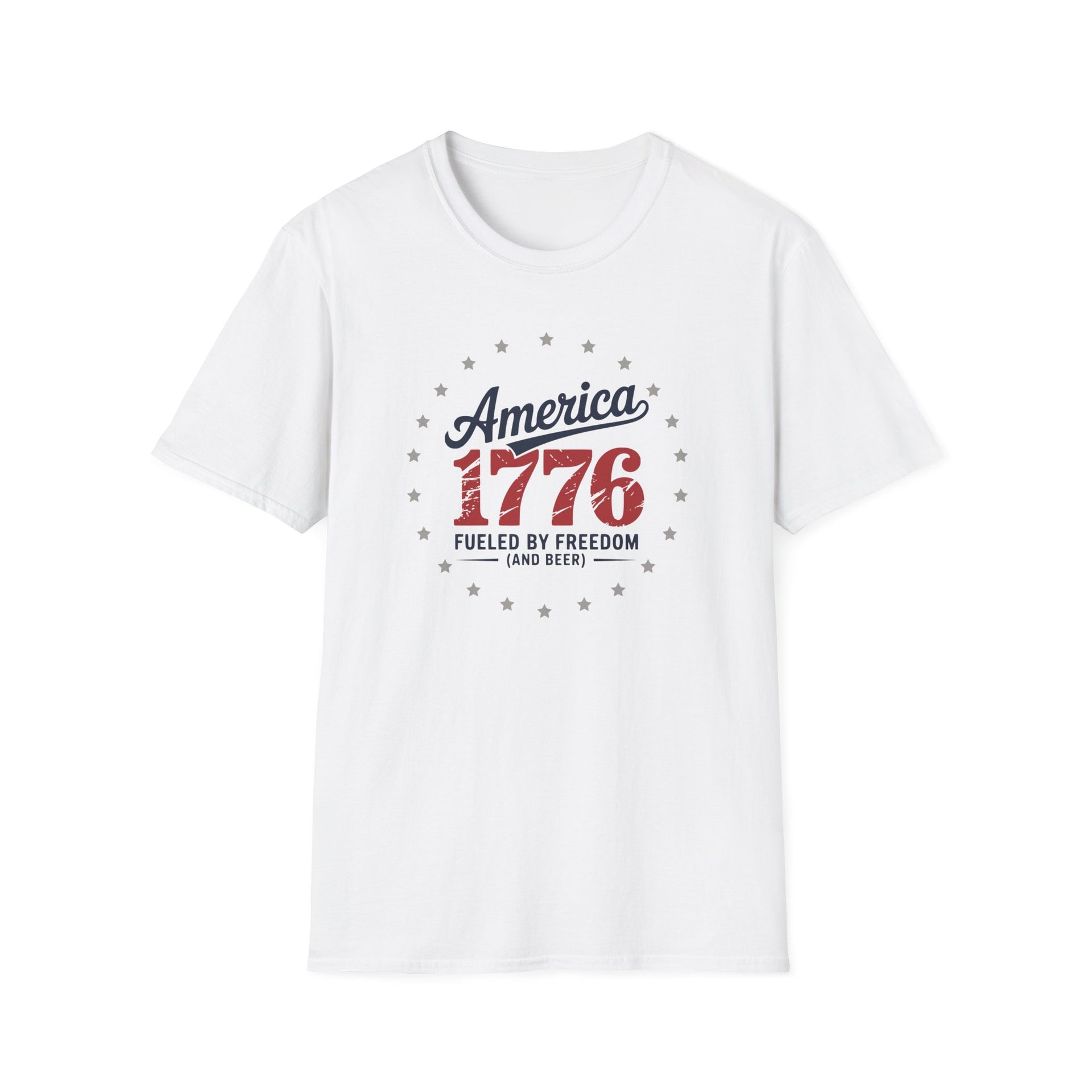 White t-shirt with 'America 1776 fueled by freedom (and beer)' text on a white background
