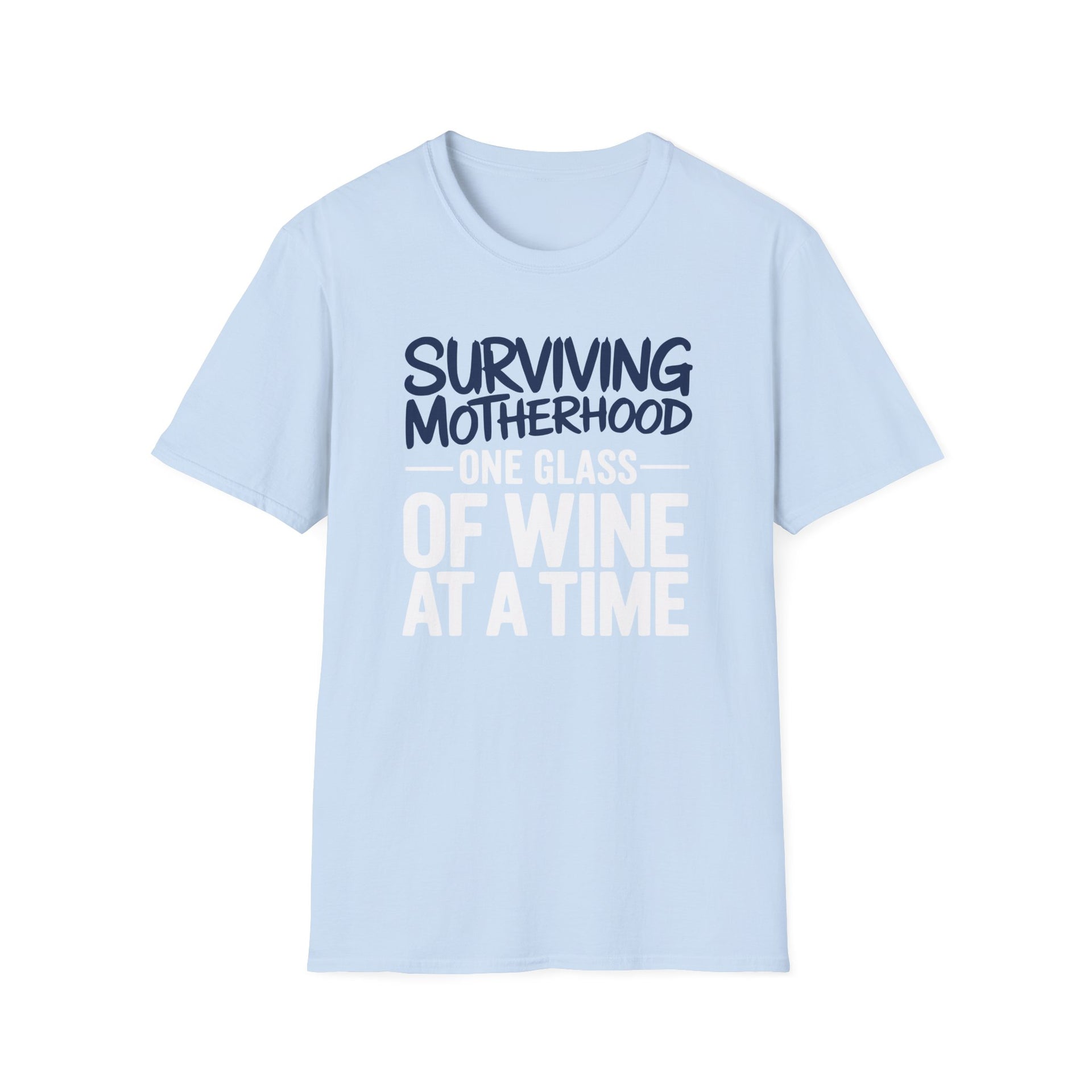 a light blue t-shirt with the phrase 'Surviving Motherhood One Glass of Wine at a Time' funny Mother's day, beach vacation, spring break design