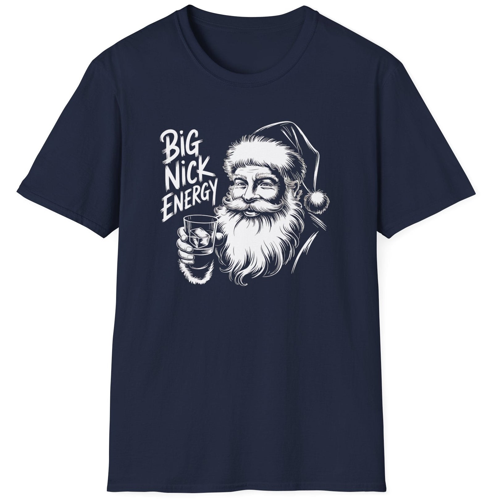 Funny Christmas Drinking  Short Sleeve Shirt with Santa drinking from a whiskey glass and the text "Big Nick Energy" - Navy Blue