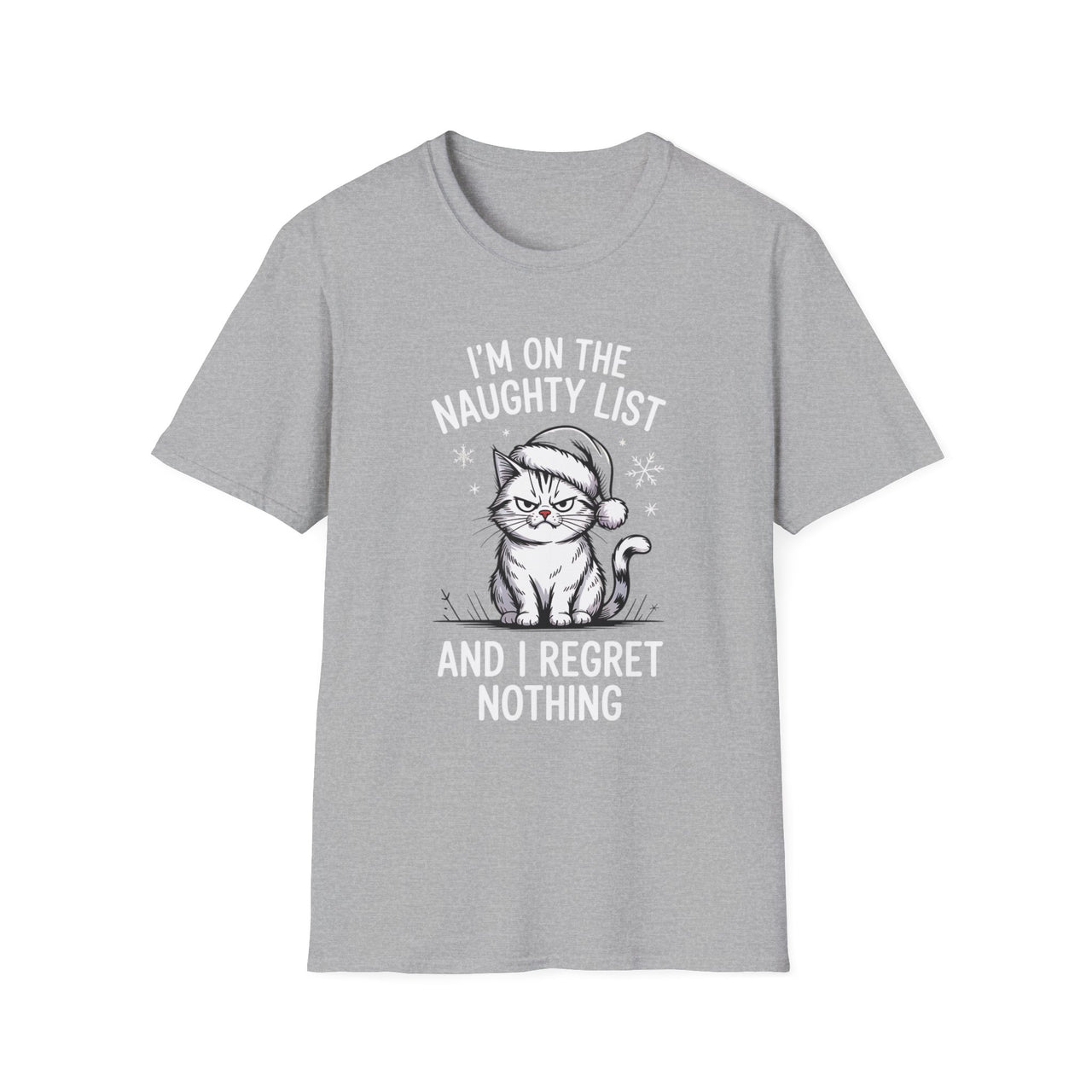 Funny Christmas T-Shirt – I’m on the Naughty List and I Regret Nothing – Grumpy Cat Holiday Humor Tee – Men’s & Women’s Christmas Shirt