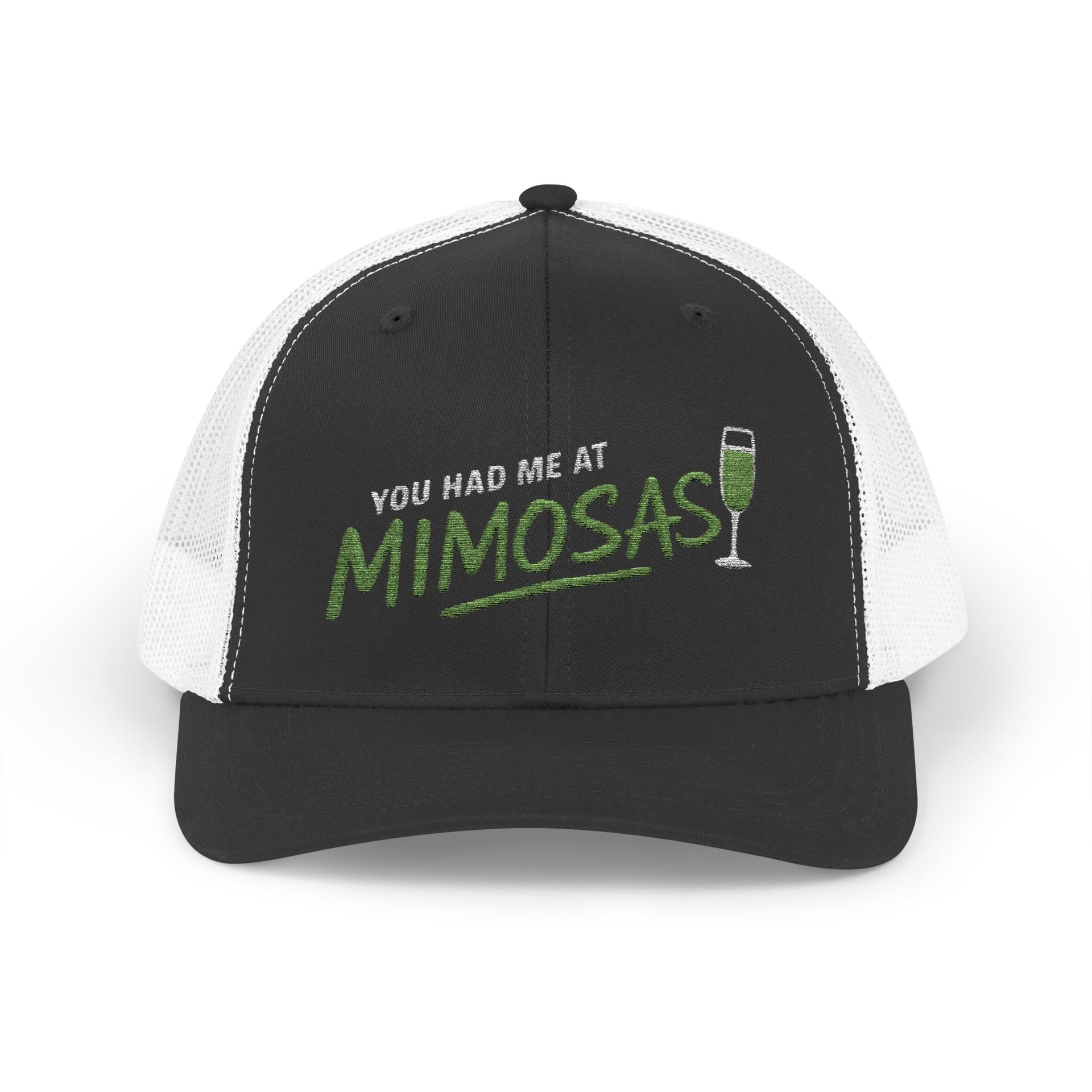 a black and white curved bill trucker hat with the phrase'You Had Me at Mimosas' text funny Spring break, girls trip, guys trip, beach trip, summer vacation, lake season design