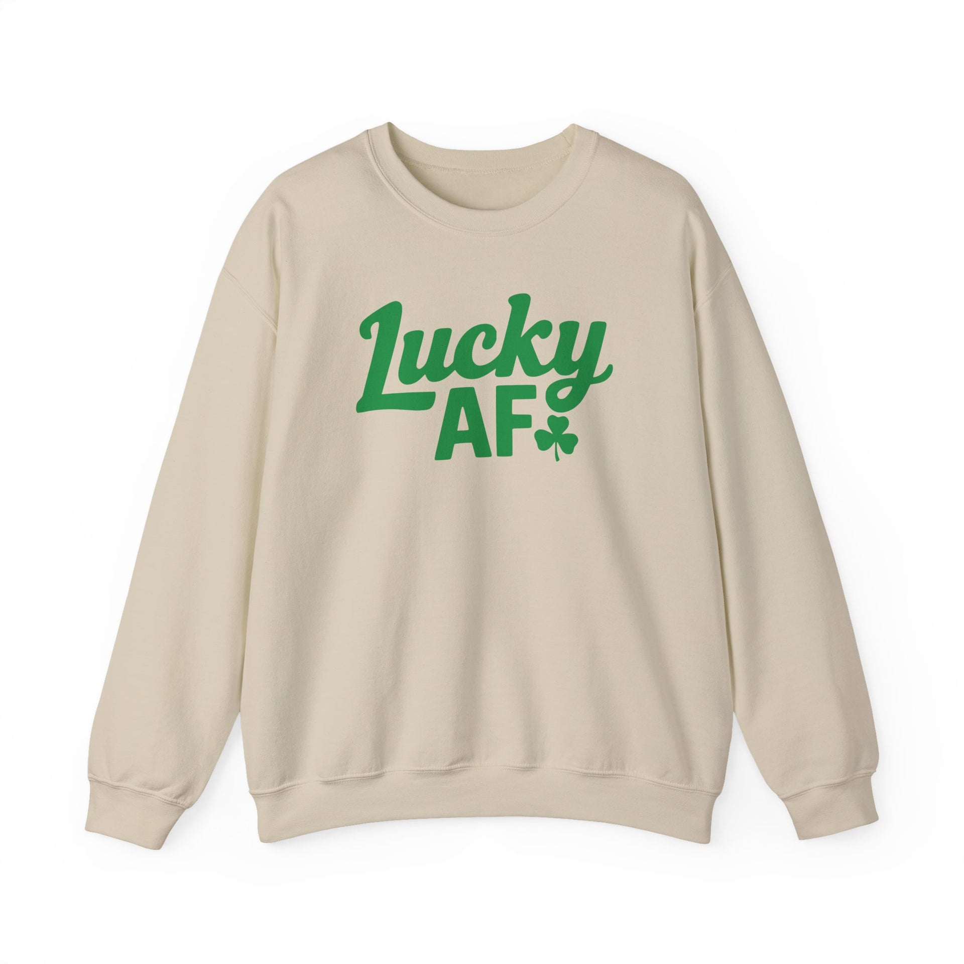 beige sweatshirt with the phrase 'Lucky AF' funny st patricks day design