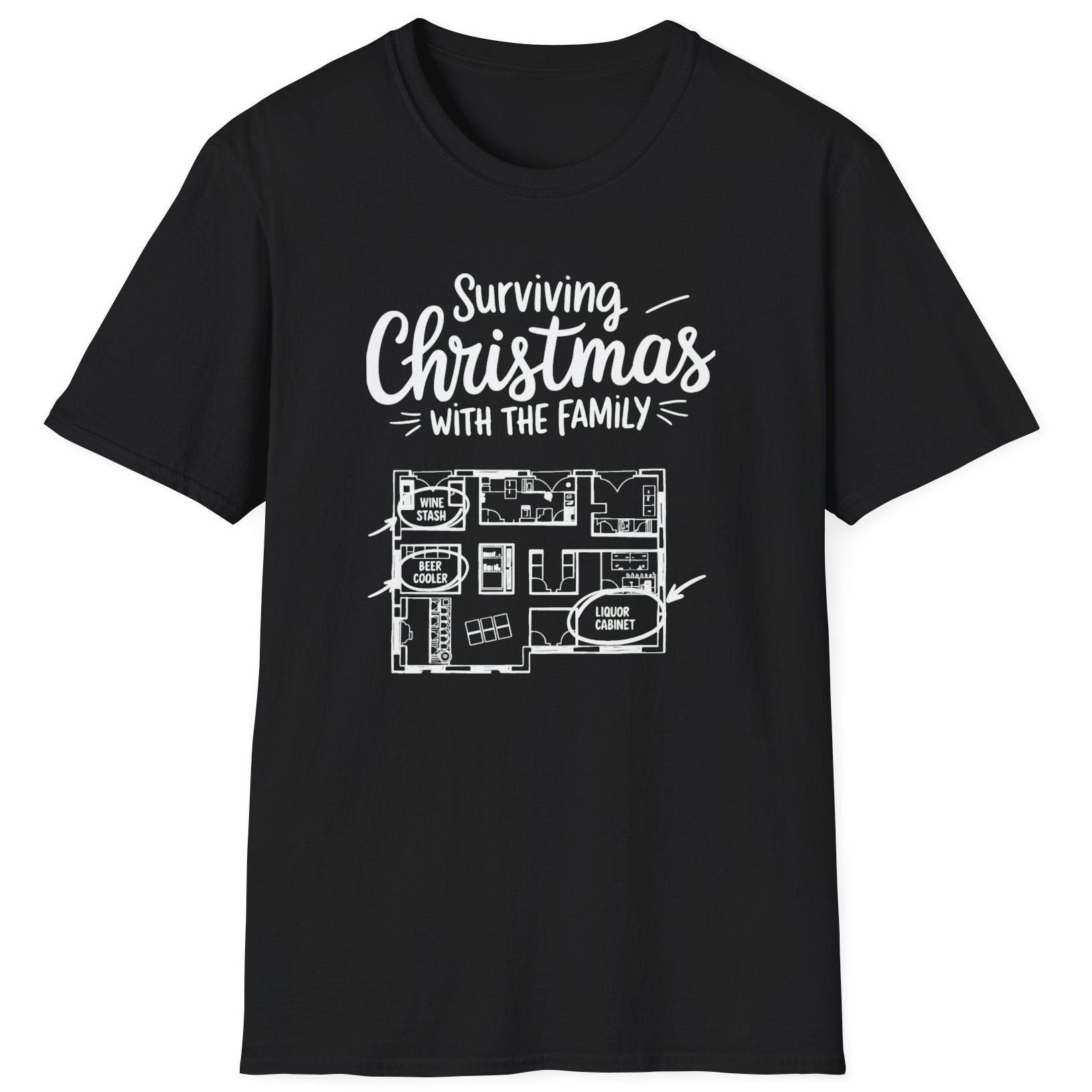 Black t-shirt  t-shirt with the phrase surviving christmas with the family funny christmas sweater