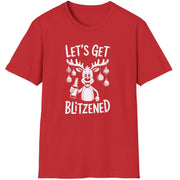 Funny Christmas Drinking Short Sleeve Shirt with a reindeer holding a beer with ornaments draped from his antlers and the text "Let's Get Blitzened" - Red