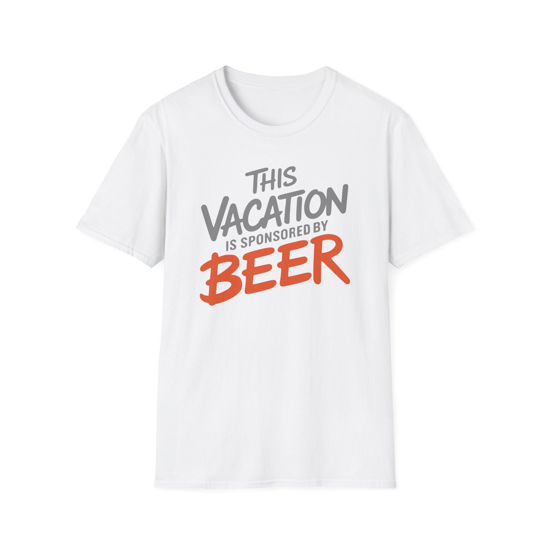 a white soft-style cotton t-shirt with 'This Vacation is Sponsored by Beer' text funny spring break, beach trip, girls trip, summer vacation design