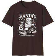 Funny Christmas Drinking  Short Sleeve Shirt with Santa drinking a cocktail and the text " Santa's Cocktail Club Serving Hos since 1492" - Dark Chocolate
