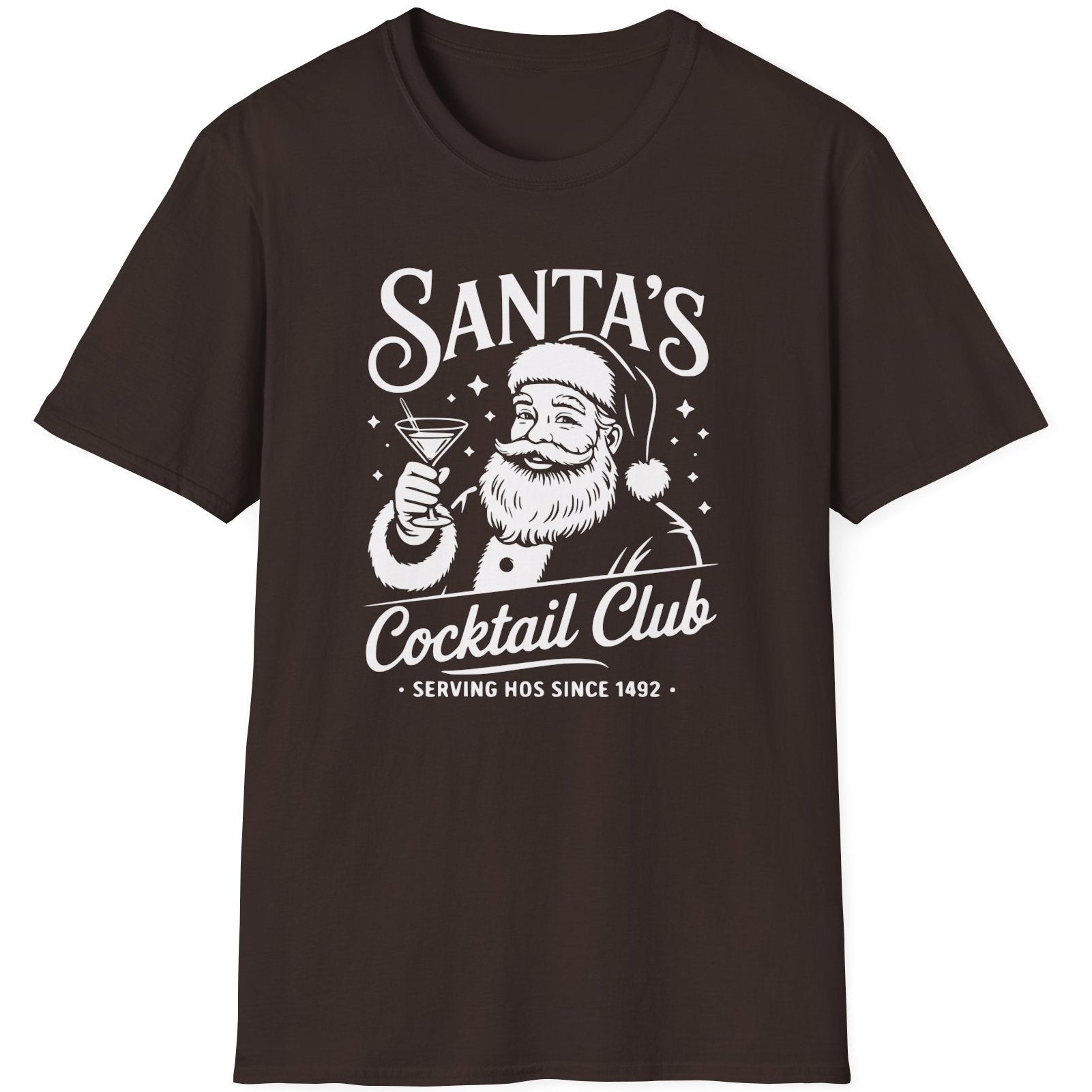 Funny Christmas Drinking  Short Sleeve Shirt with Santa drinking a cocktail and the text " Santa's Cocktail Club Serving Hos since 1492" - Dark Chocolate