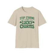 beige t-shirt with the phrase "Stop Staring at my Lucky Charms" funny St Patricks Day design