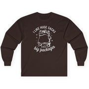 funny christmas brown long-sleeve shirt with the phrase i like huge sacks and big packages